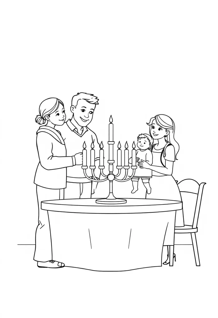 דף צביעה — משפחה מדליקה נרות